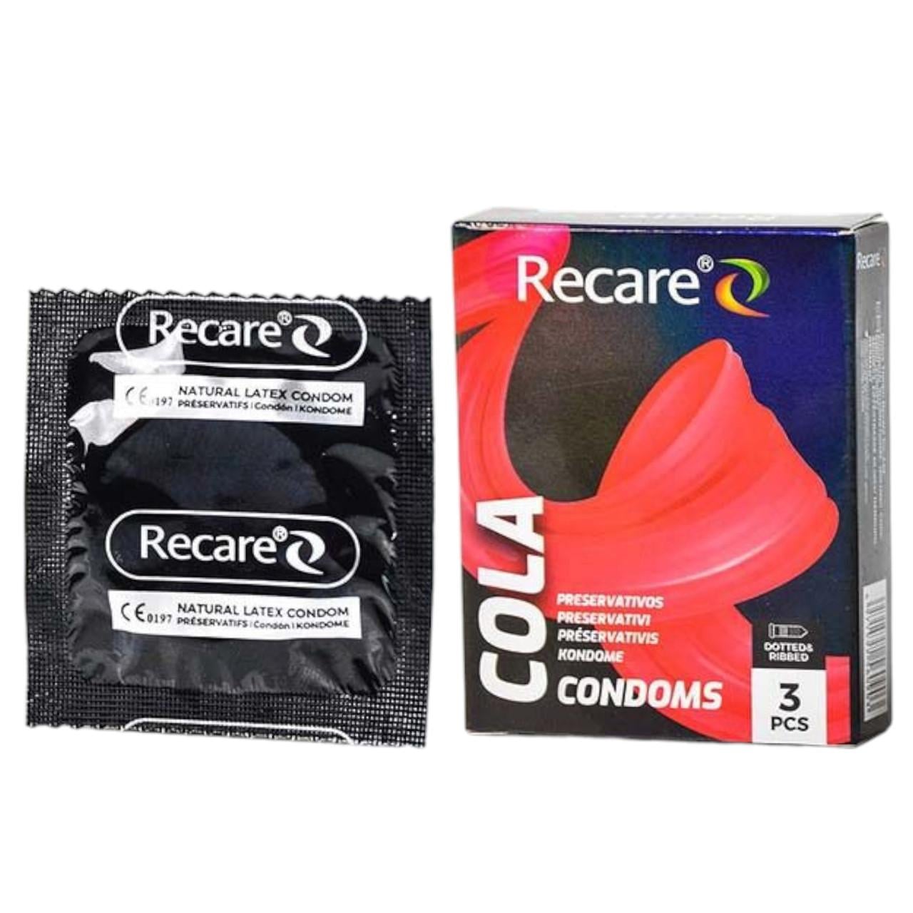 Презервативи Dotted Ribbed Recare Cola з пухирцями ребрами та ароматом кола 3 шт.