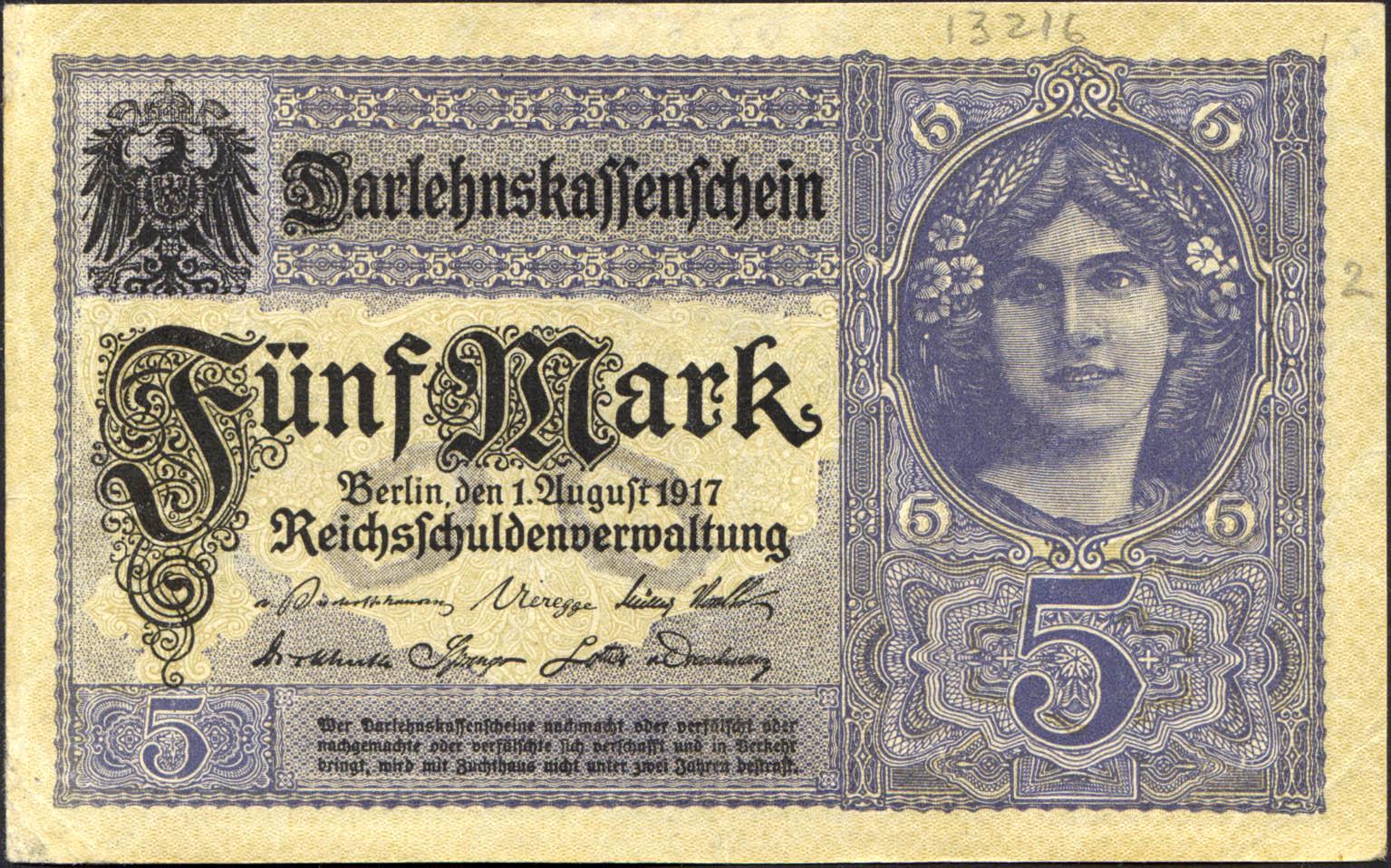 Коллекционная банкнота Германия 1917 5 Марокко буква Z P56b XF Коллекционная банкнота Германия 1917 5 Марокко буква Z P56b XF