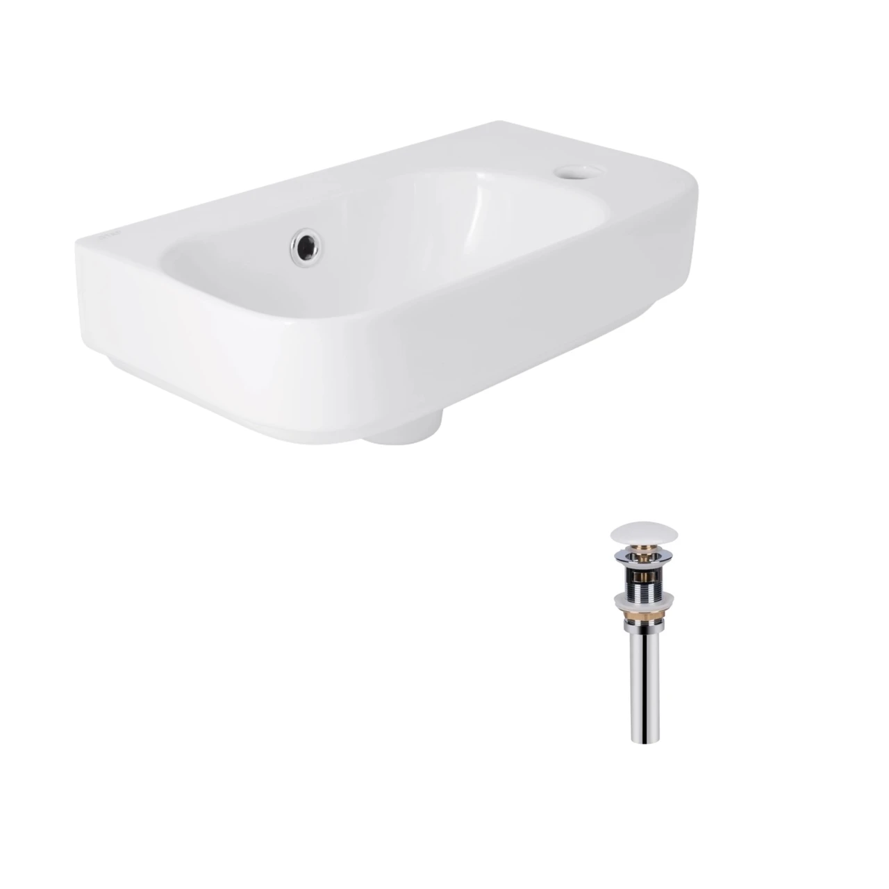 Комплект Qtap Tern раковина подвесная прямоугольная правая 450х250х158 мм и донный клапан White (PU02O)