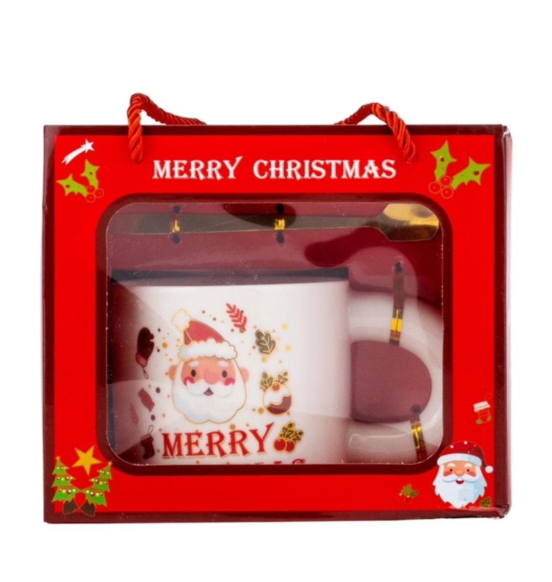 Чашка новогодняя Elisey 9150-021-2 Funny Santa керамическая с ложкой 300 мл