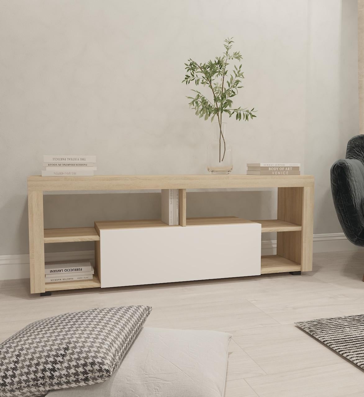 Тумба под телевизор с 4 полками и откидной дверцей 140 см Дуб сонома/Белый (K-140)