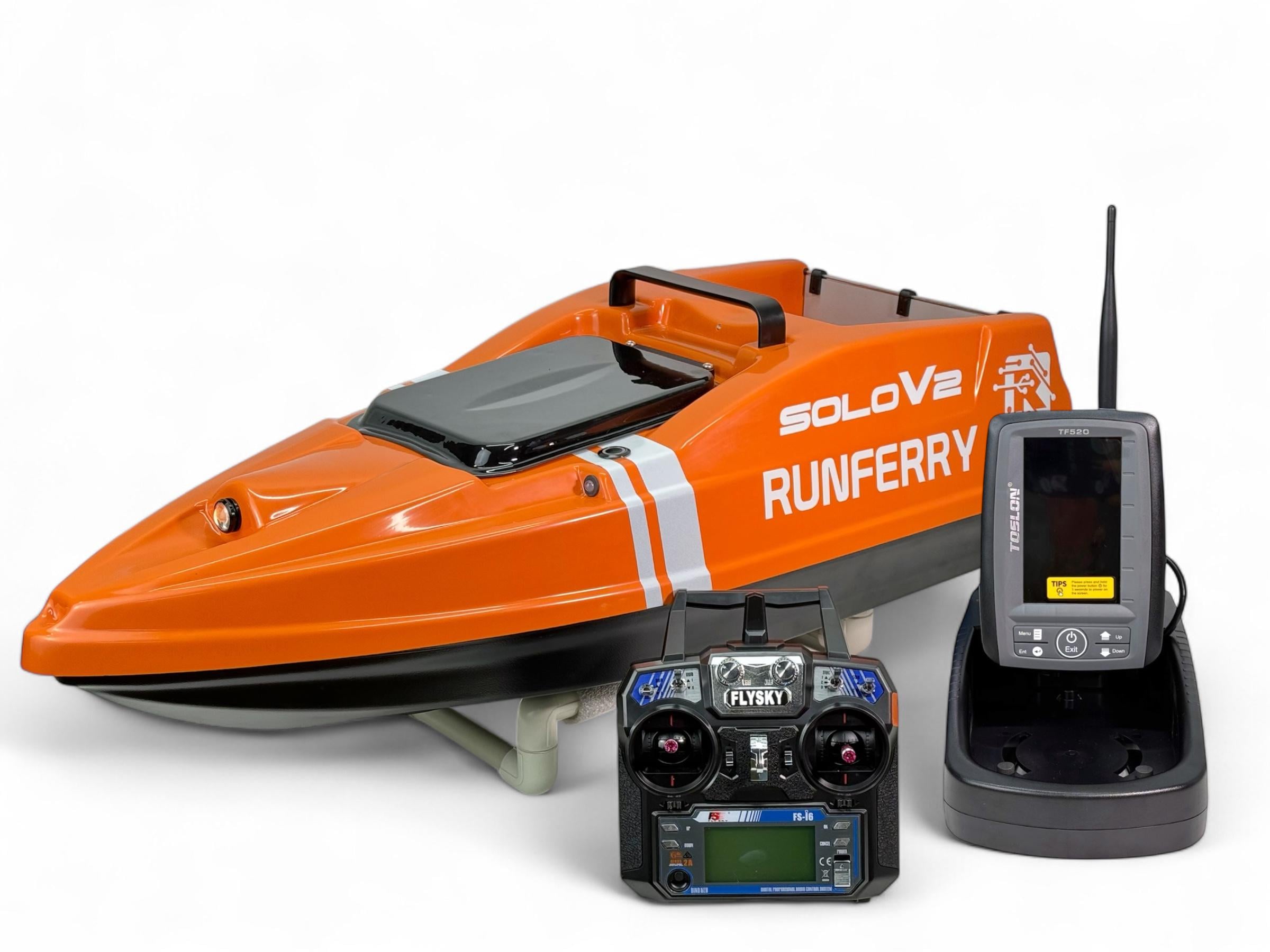 Прикормочный кораблик Runferry SOLO V2 GPS и эхолот Toslon TF520 Orange