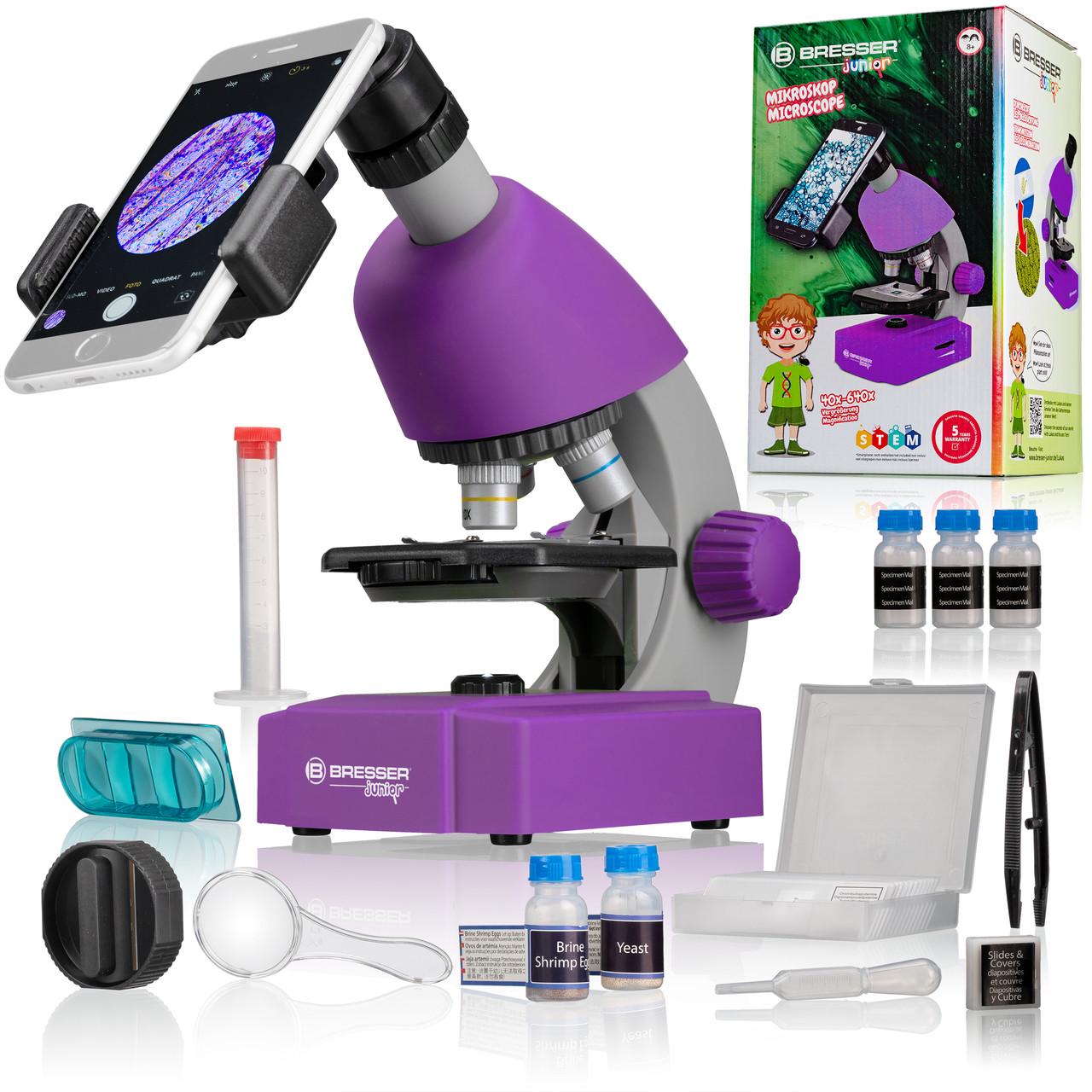 Микроскоп Bresser Junior 40x-640x с набором для опытов и адаптером для смартфона Purple (8851300GSF000)
