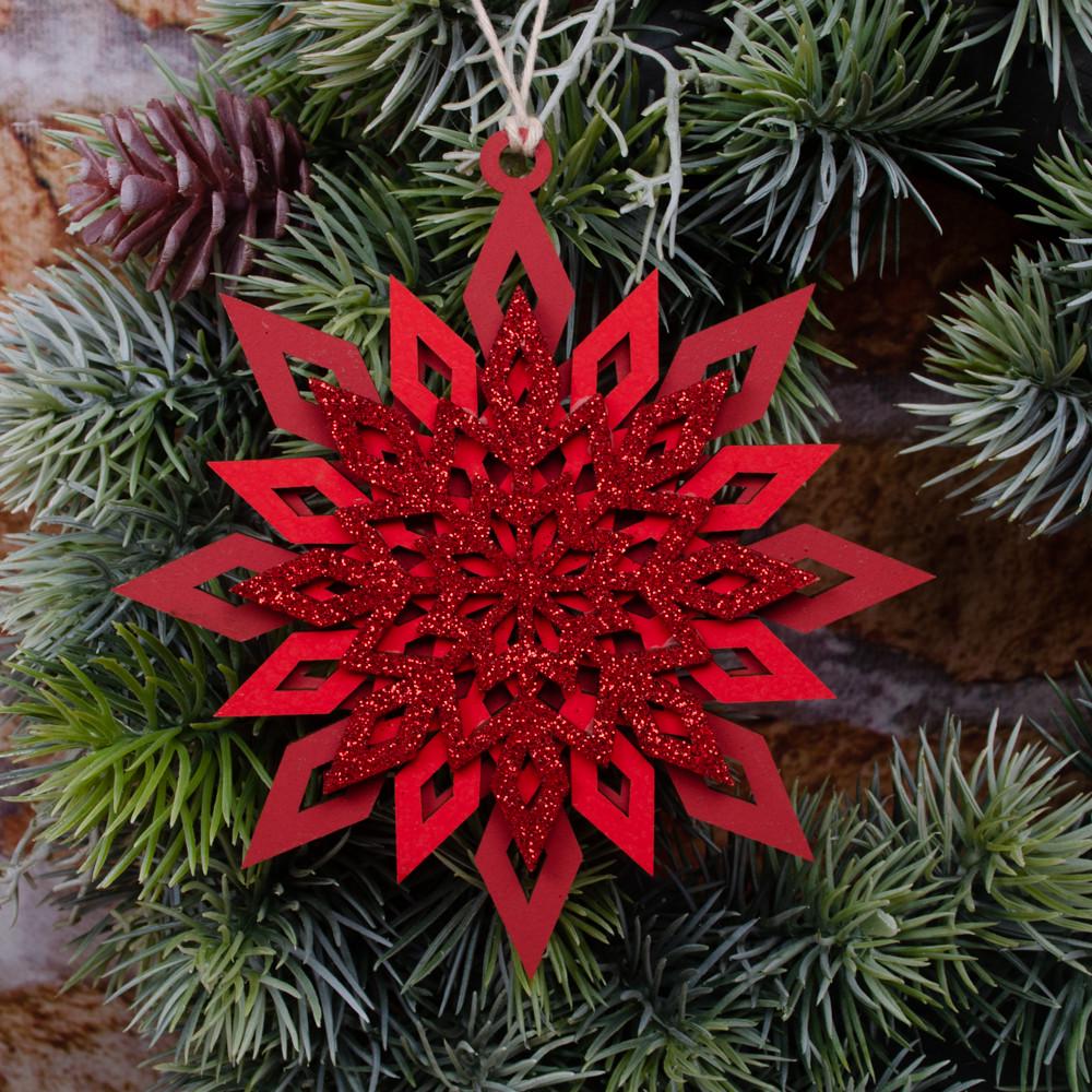 Новогодняя подвеска Снежинка многошаровая с блестками Красный (5187-7)