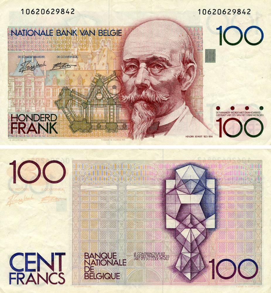 Коллекционная банкнота Бельгия 100 франков 1982–1994 F-VF P142a 2 (Б21666)
