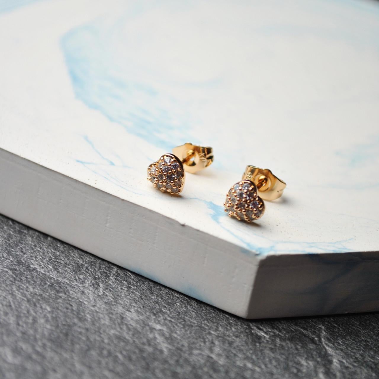 Сережки гвоздики сердца с фианитами медицинская сталь позолота (x187-2)