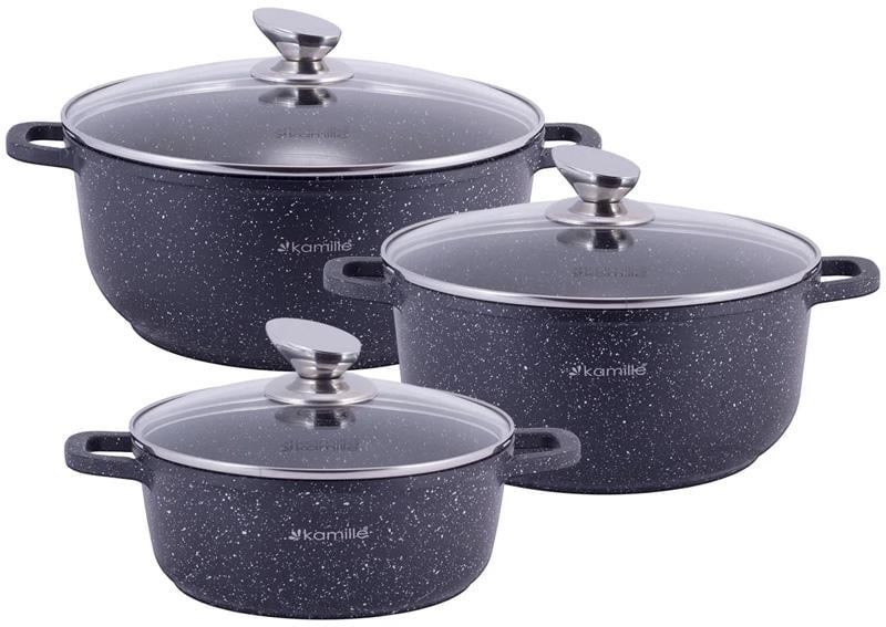 Набор кастрюль Kamille Landes Black 3 шт. 2,3/4,5/6,5 л с двумя прихватками (KM-4430)