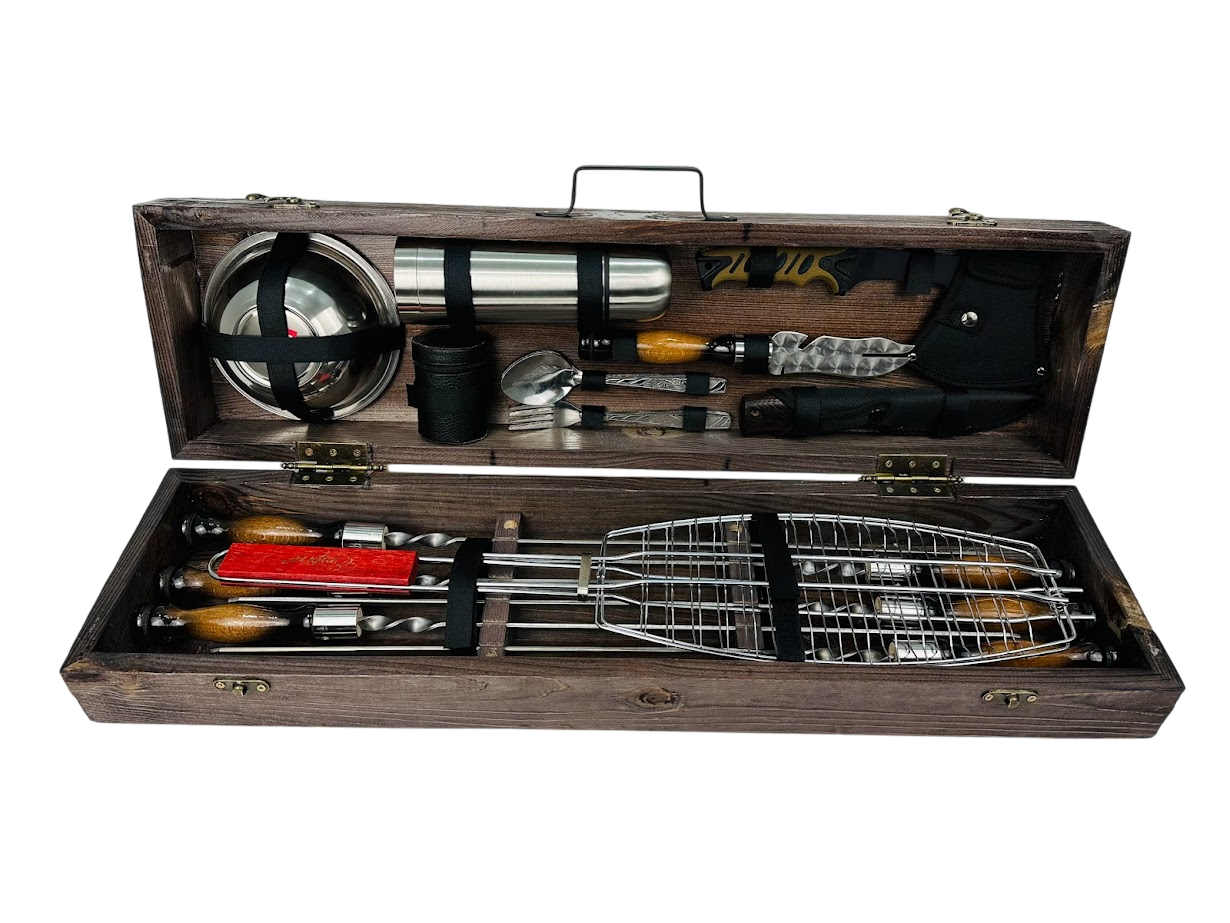 Подарочный набор шампуров ручной работы Рыбак 27 пр. из нержавеющей стали Коричневый 74х20х14 см (124-10-KS-7703)