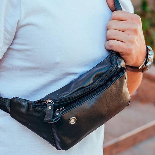 Мужская сумка-бананка Tiding Bag на одно отделение из натуральной кожи Черный (16431)