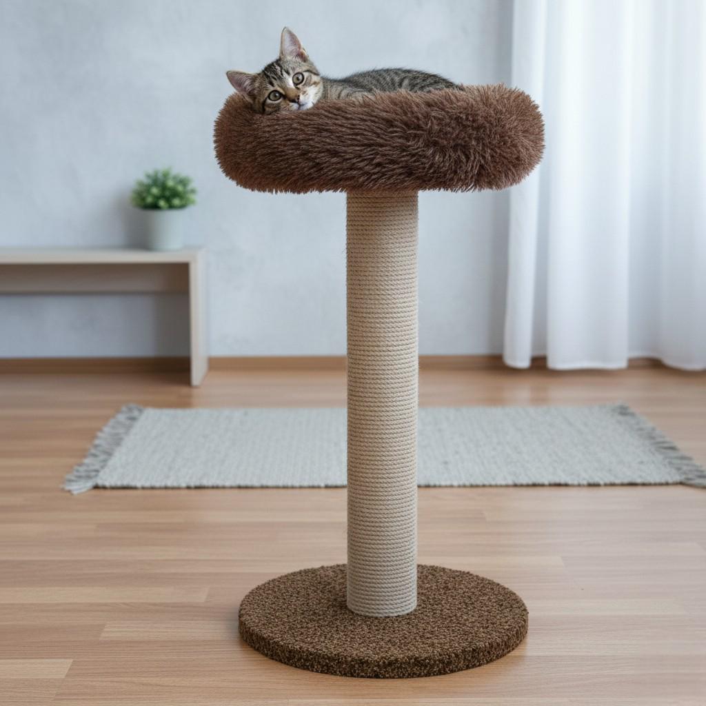 Когтеточка столбик с лежанкой и травой для котов