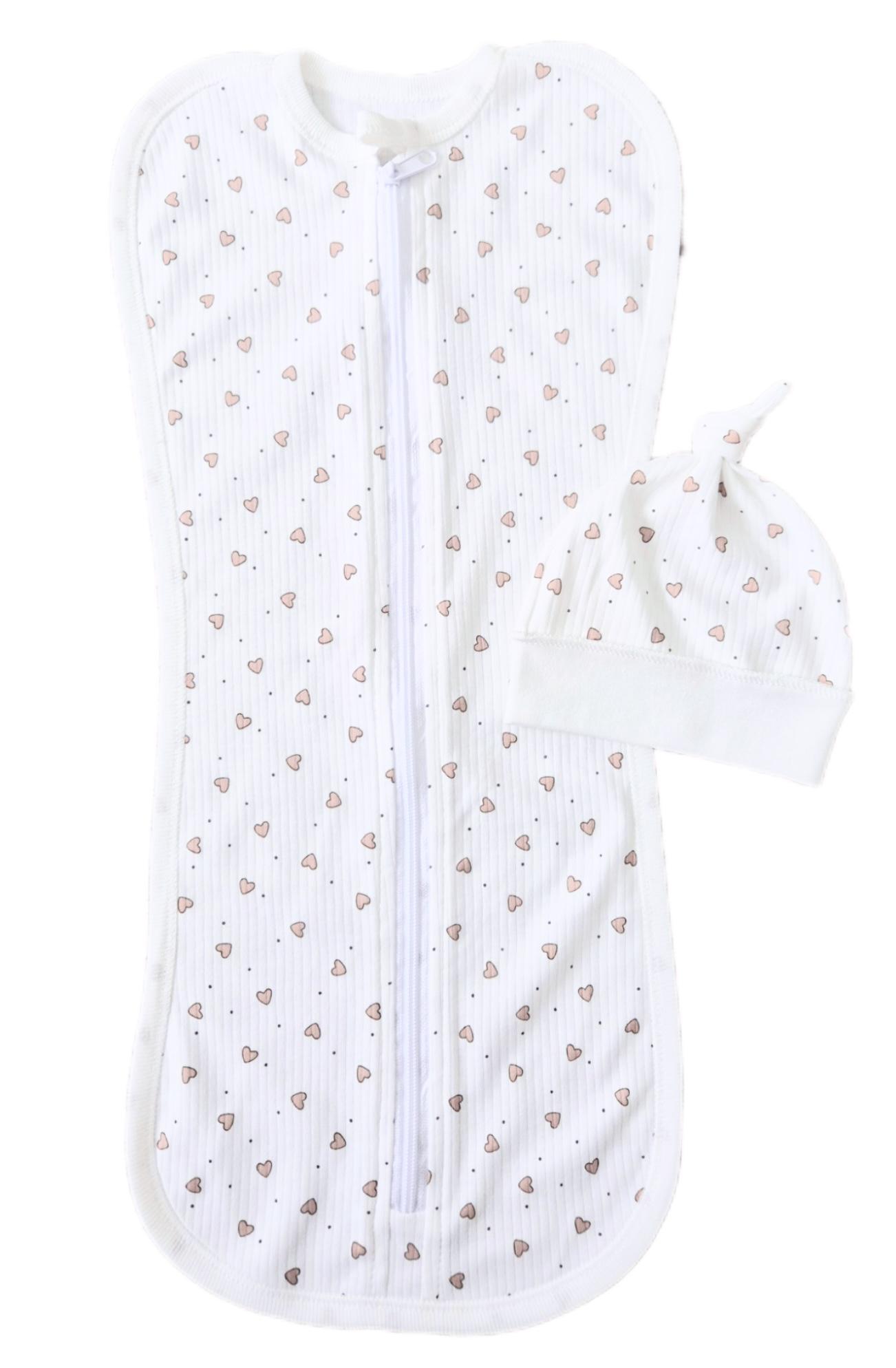 Пеленка-кокон евро на молнии с шапочкой Молочный с сердечками интерлок №96 0-6 мес (26623709)