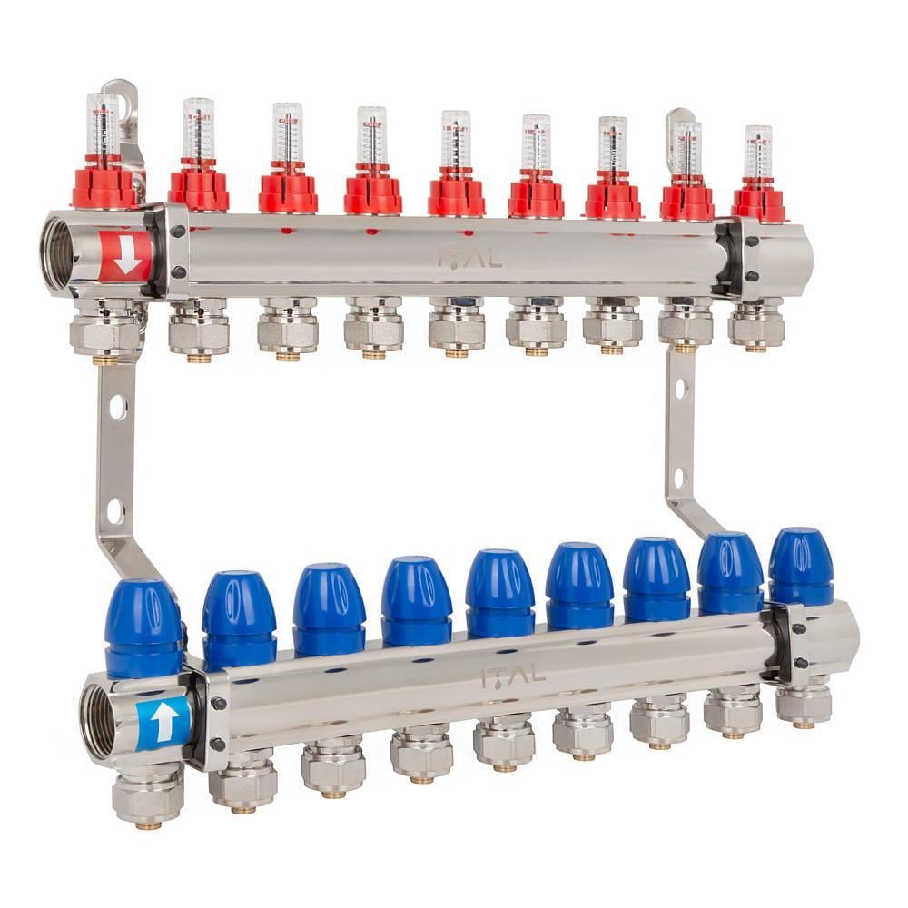 Комплект коллектора с расходомерами ITAL IT09-H2001 из латуни 1"-3/4" евроконус на 9 выходов (1055677)
