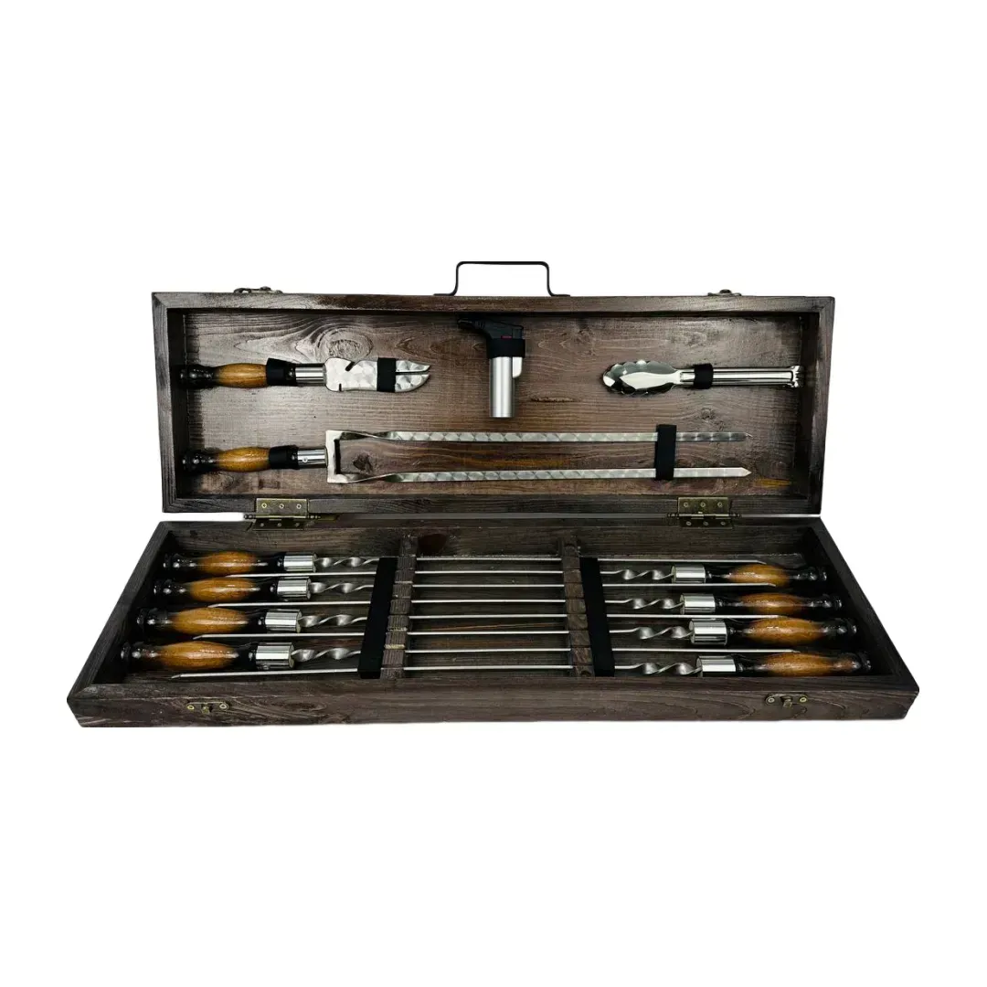Набор шампурови аксессуаров Премиум-2 из 10 предметов в деревянном кейсе из нержавеющей стали Коричневый (146-10-KS-7615)