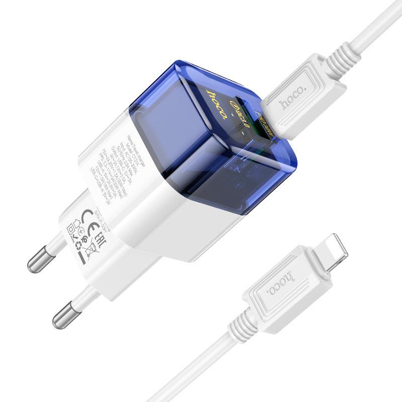 Зарядний пристрій мережевий Hoco C131A Type-C to Lightning cable 30W 3A Transparent/Blue
