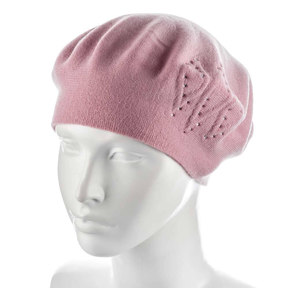 Берет женский Zolly ZH219 со стразами тонкой вязки полушерстяной Розовый