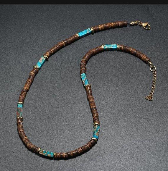 Чокер-колье из кокоса и вставками натурального камня 45 см с удлинением до 50 см (24085) - фото 2