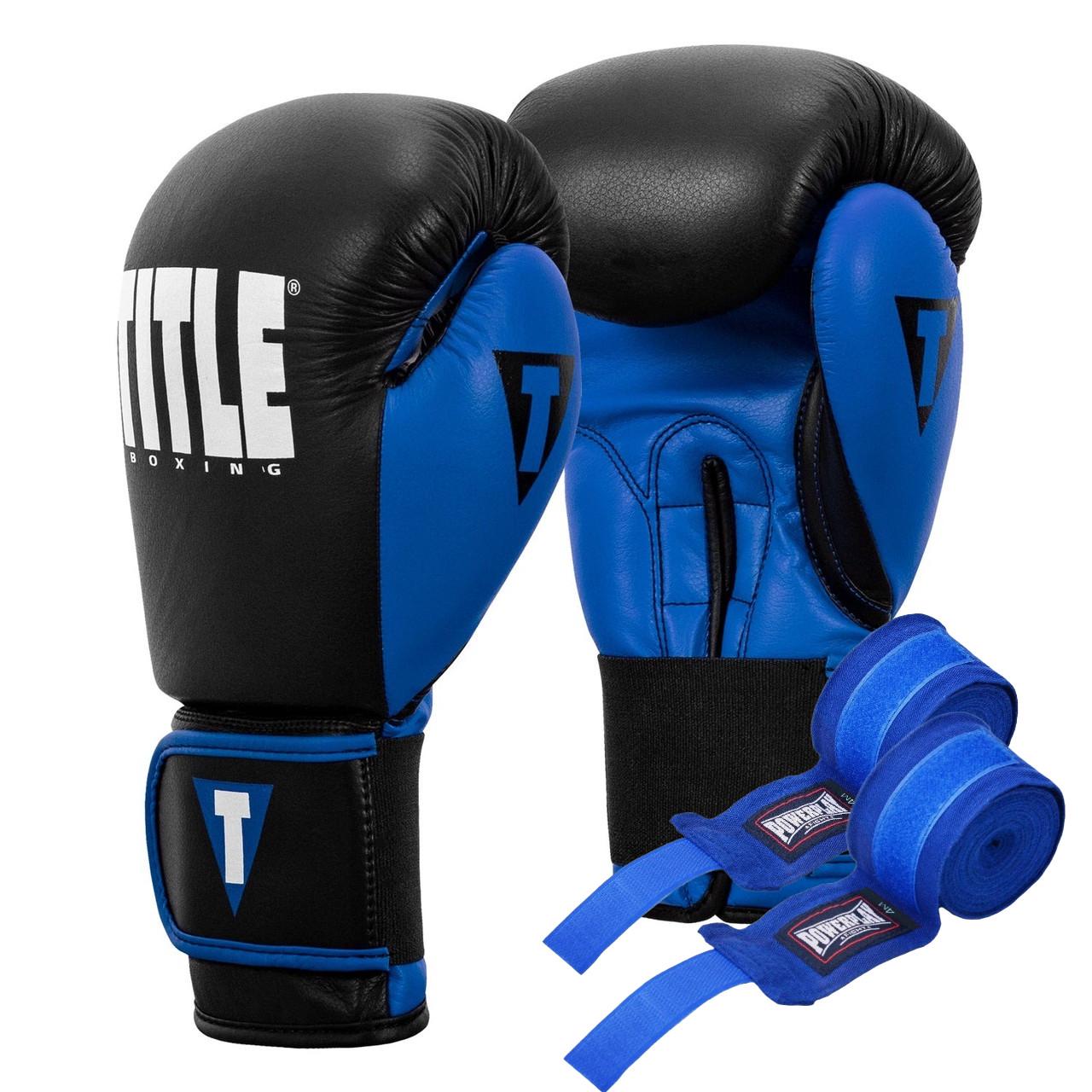 Боксерські рукавиці TITLE Boxing Dynamic Strike 12 oz з бинтами 4 м Black/Blue