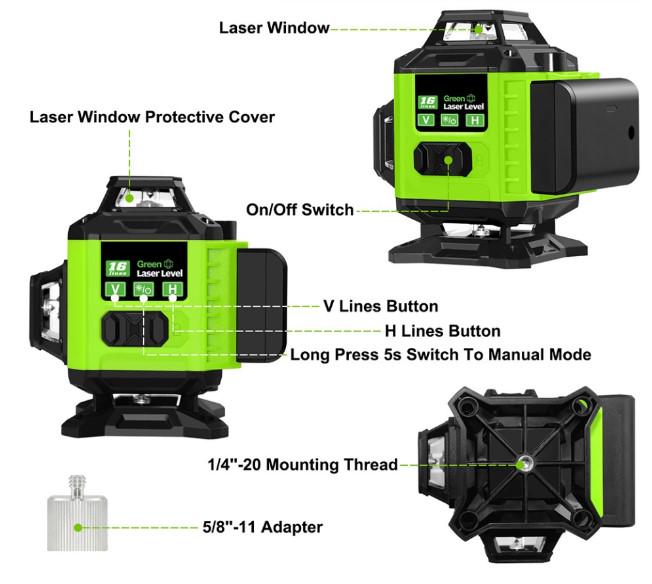 Лазерный уровень 16 линий акумулятор/пульт Зеленый (LP16A) - фото 3