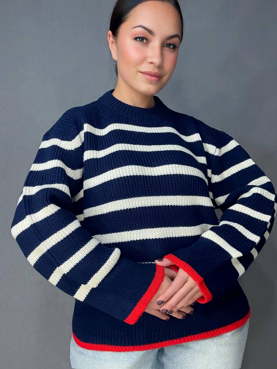 Светр жіночий MIX RAY 6635 смужка подовжений вільний крій OS Темно-синій (1042) Светр жіночий MIX RAY 6635 смужка подовжений вільний крій OS Темно-синій (1042)