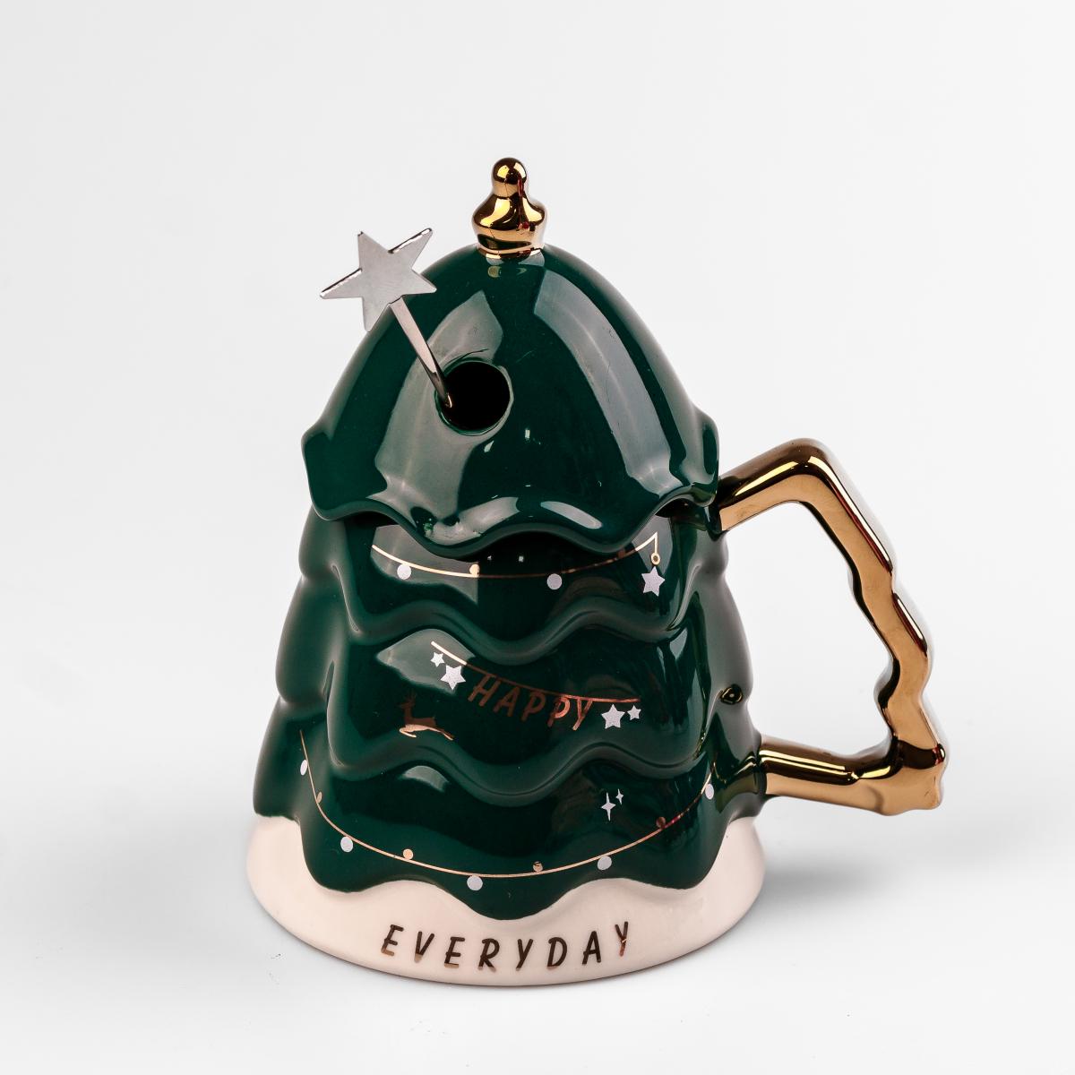 Кружка керамическая Christmas tree с крышкой и палочкой для размешивания 460 мл Зеленый (HP1972G)