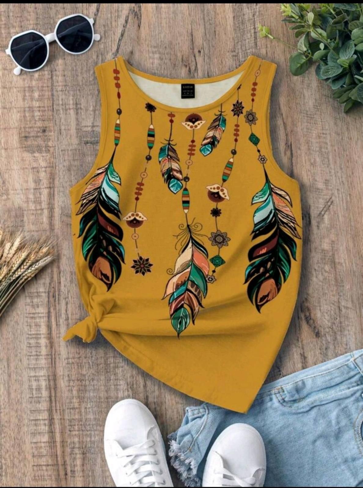 Майка женская Feathers с перьями M/L Горчичный/Разноцветный (27303986) - фото 2