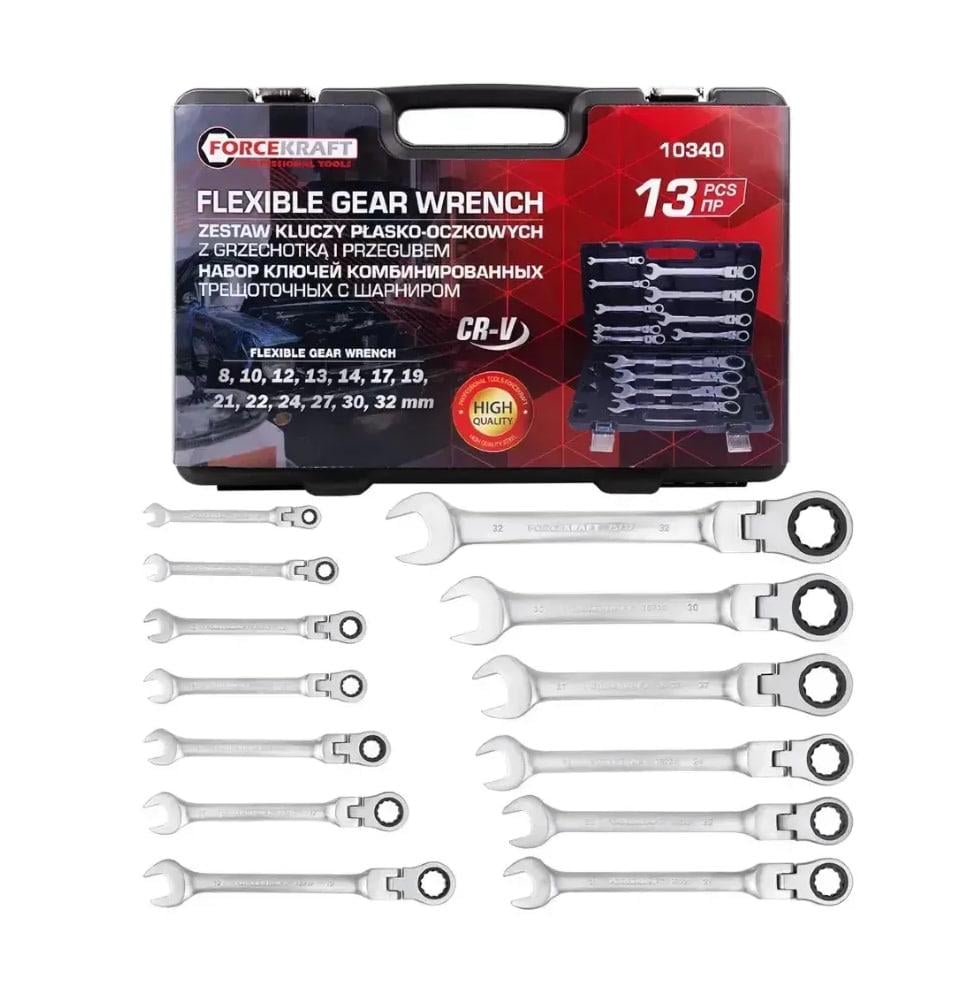 Набор комбинированных ключей с трещоткой и шарниром FORCEKRAFT FK-10340 13 пр. в кейсе 8-32 мм (FK-10340) Набор комбинированных ключей с трещоткой и шарниром FORCEKRAFT FK-10340 13 пр. в кейсе 8-32 мм (FK-10340)