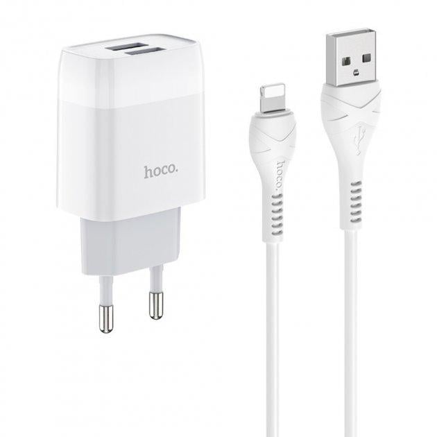 Мережевий зарядний пристрій Hoco C73A 2 USB з кабелем Lightning 1 м Білий