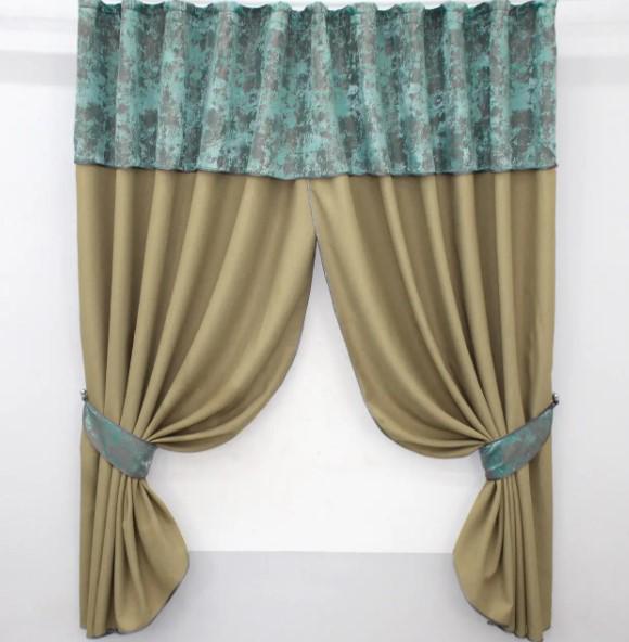Занавеска на кухню с ламбрекеном 270х170 см Темно-бежевый/Бирюзово-серый (073к)