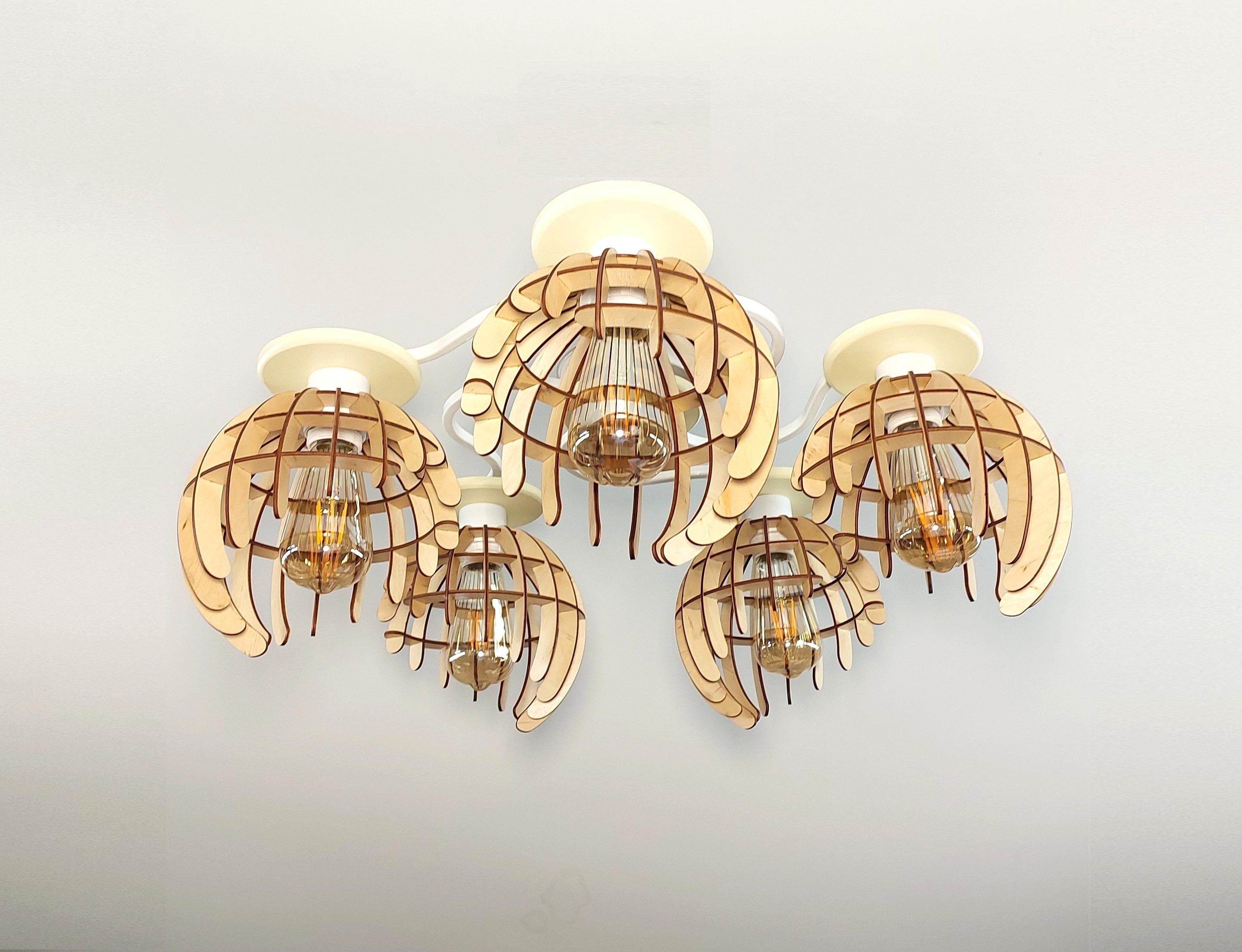 Люстра в стиле лофт на 5 лампочек с деревяными плафонами Белый (4345-15)