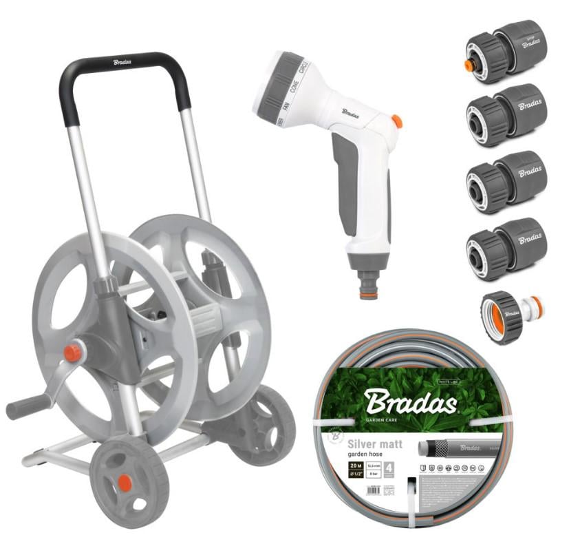 Тележка металлическая со шлангом Bradas W Line 1/2" 50 м и аксессуарами комплект для полива SILVER PRO SET White (WL-AG33350SET1)