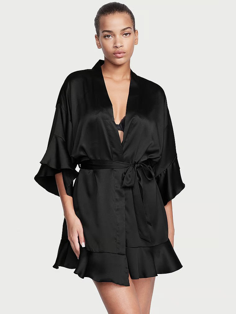 Халат жіночий Victoria's Secret Flounce Satin Robe сатиновий M/L Чорний (17635614)