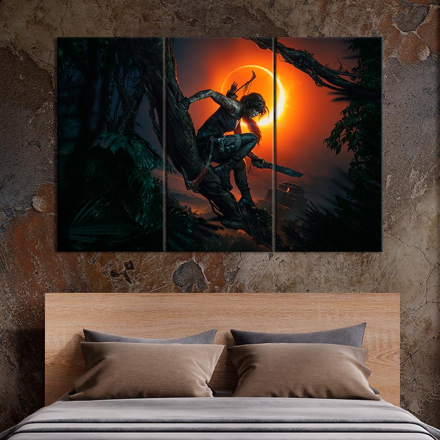Настенний декор Лара Крофт на фоне затмения Shadow of the Tomb Raider 128x81 см (A202-3)