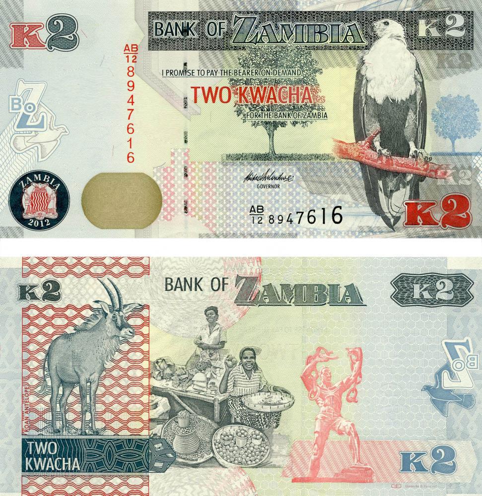 Коллекционная банкнота Замбия 2 квача 2012 Антилопа UNC P49a (Б12193)
