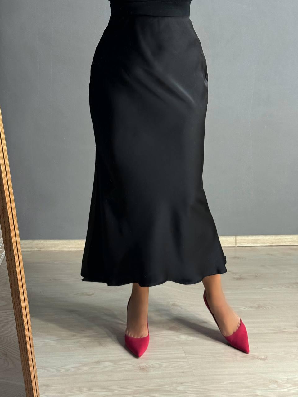 Спідниця жіноча Gritana 230 атласна королівський шовк з розрізом на резинці M Чорний (5027) - фото 5