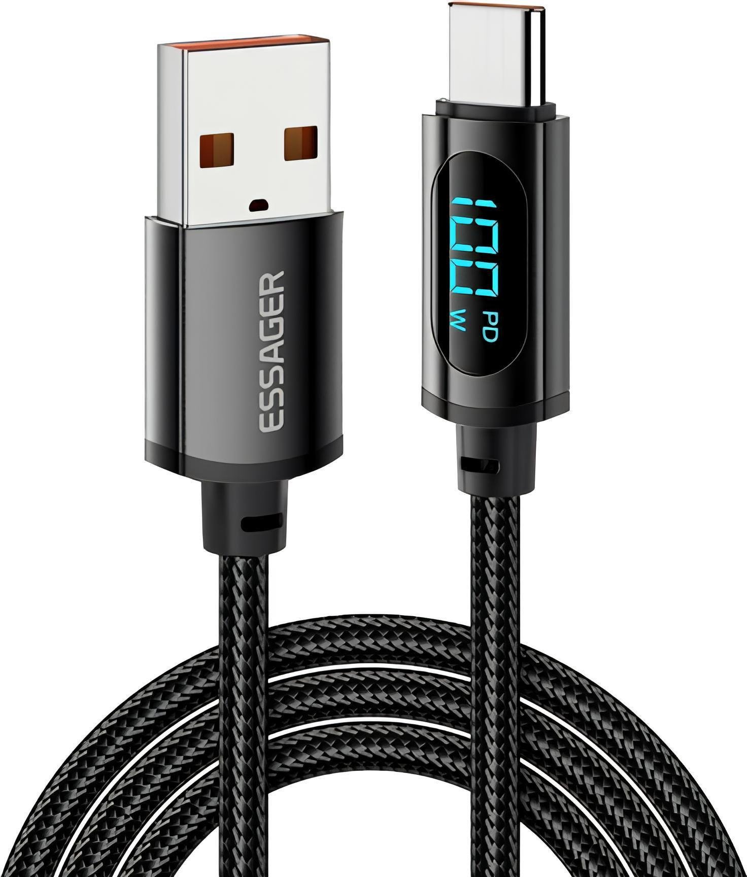 Кабель Essager Enjoy LED Digital Display USB Charging Cable 7A USB A Type C 1 м Black (EXCT-XA01-P)