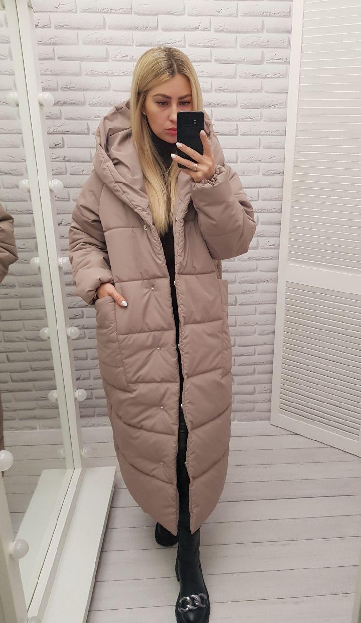 Пуховик объемный супер длинный Аiza А500 р. 42-44 Жемчужный