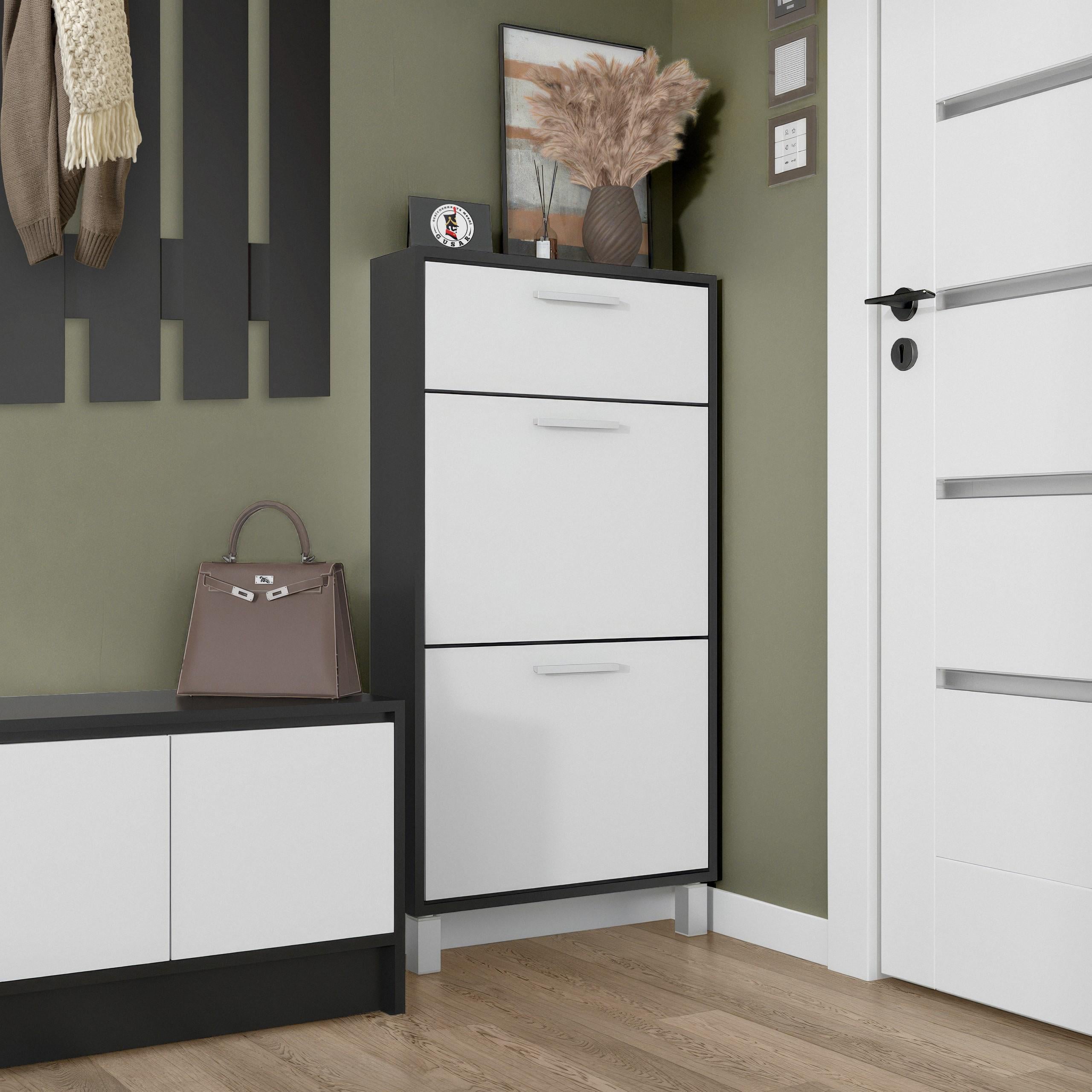 Тумба для обуви на 3 ящика F-159 590х160х1152 мм Черный/Белый