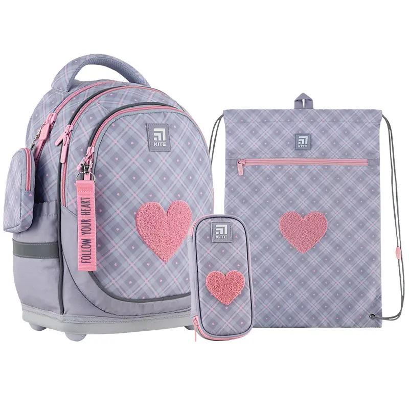 Школьный рюкзак KITE SET K24-724S-1 Fluffy Heartme с пеналом и сумкой для обуви (994232)