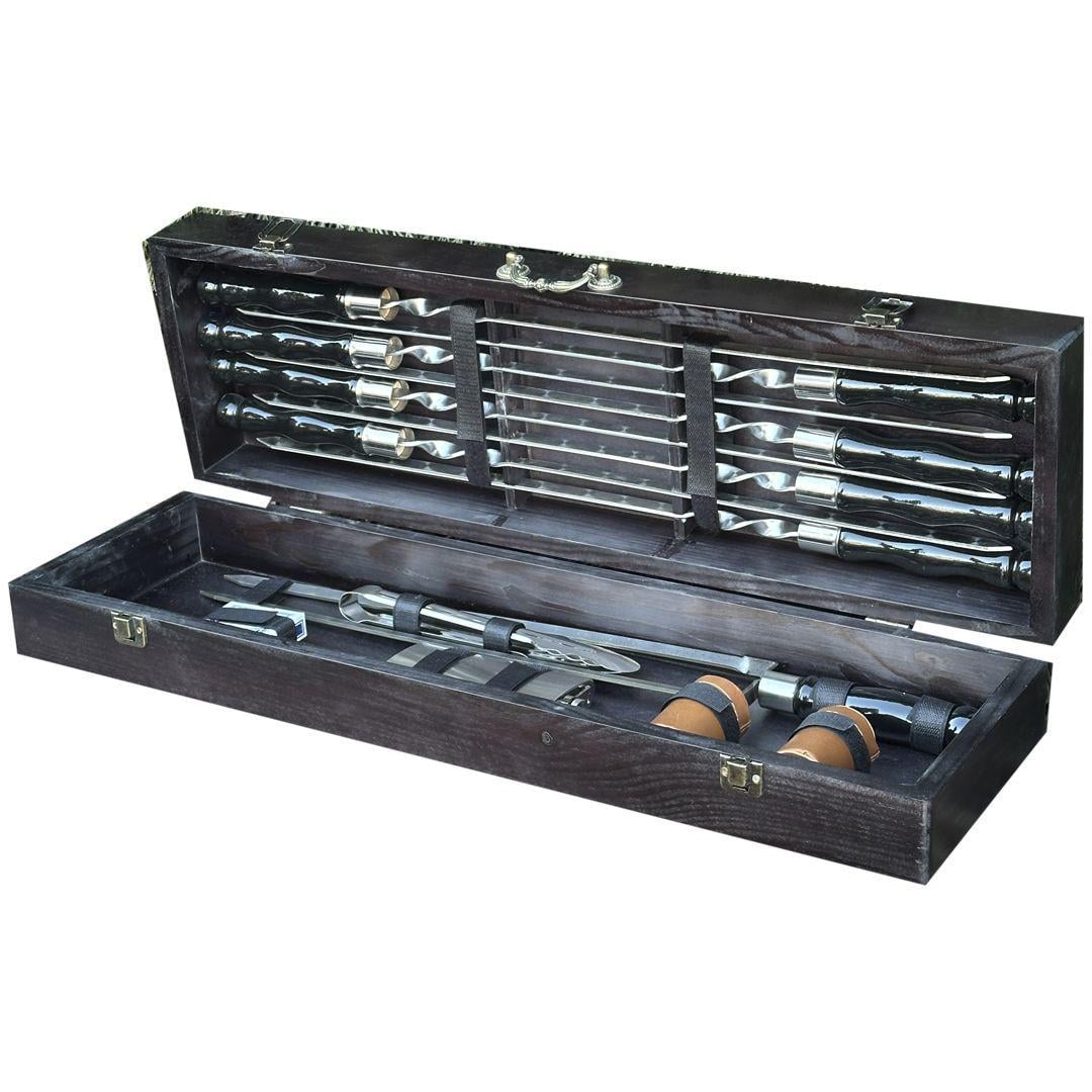 Подарунковий набір шампурів у кейсі Mzavod Козак з дубовими ручками та щипцями для барбекю 20 предметів Чорний (147-17-1190310000056)