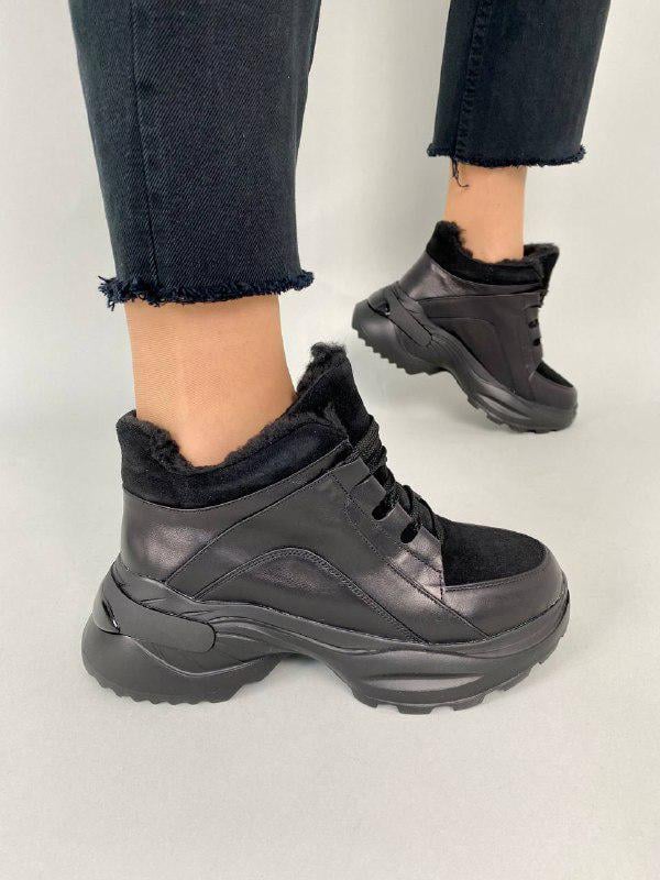 Кроссовки женские кожаные с вставкой замши зимние р. 40 Черный (7707-2з/40)