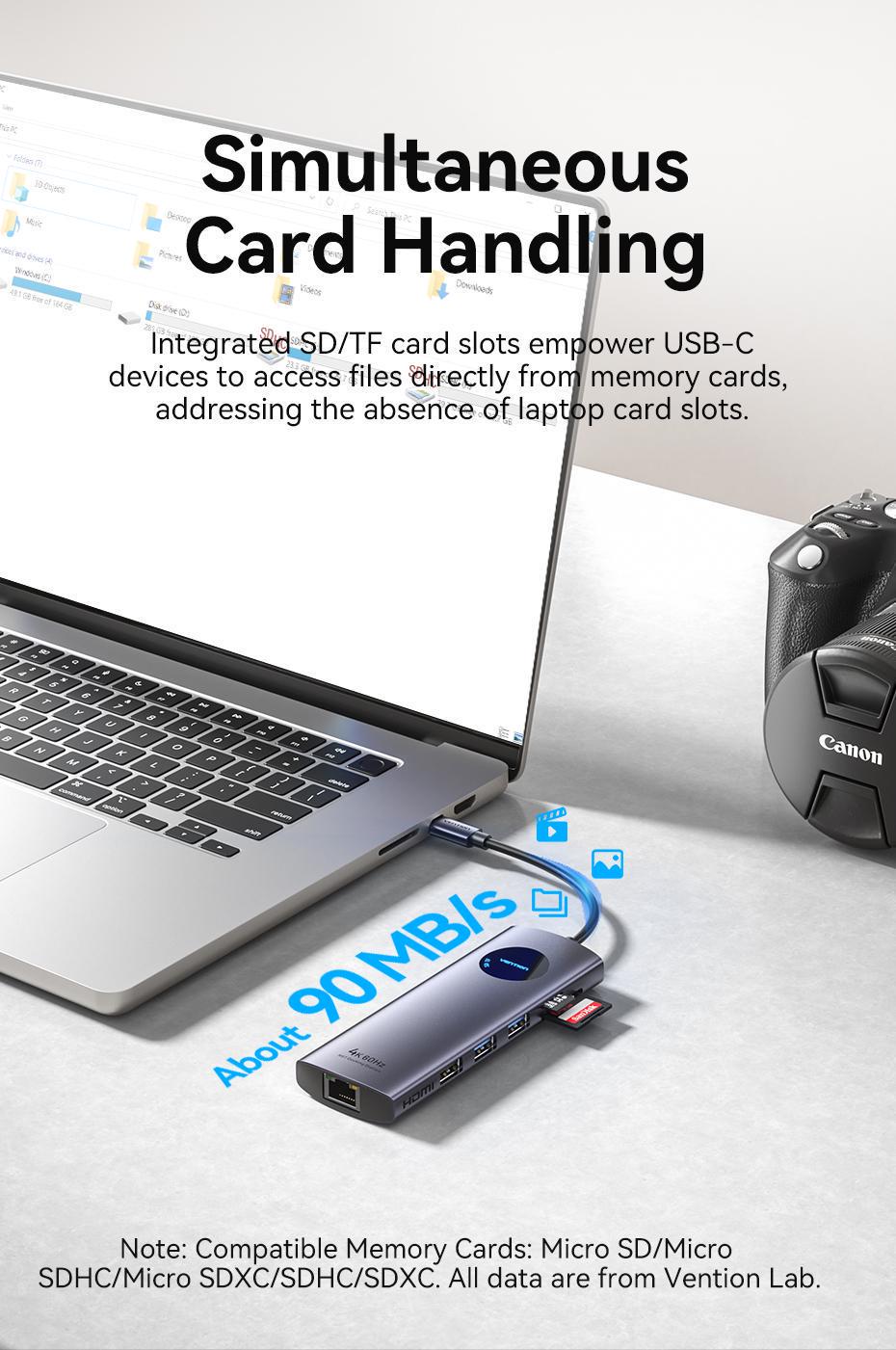 Док-станція Vention USB-C MST 2xHDMI 4K 60Hz PD 100W Gigabit Ethernet USB 3.0 SD/TF 0.15 м Сірий (TQVHB) - фото 11