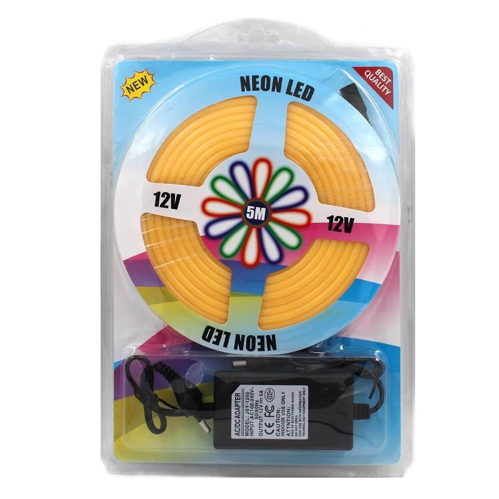 Светодиодная лента с блоком питания LED NEON 5 метров, силиконовая, влагозащищенная 12V-220V Желтая (752cf04b)