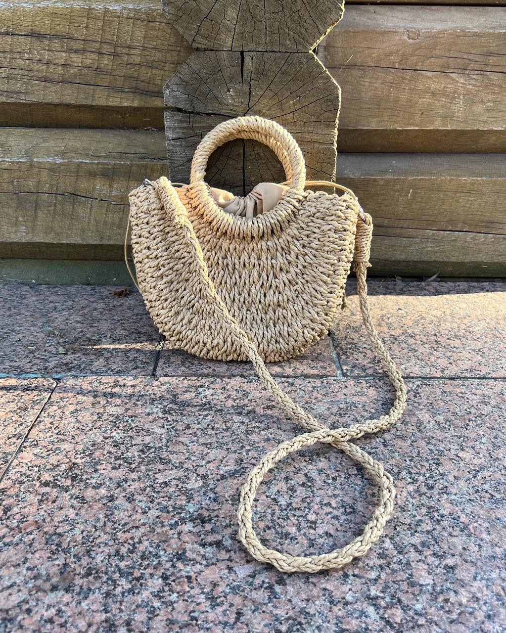 Сумка соломенная маленькая летняя с вшитой подкладкой плетеная пляжная с круглыми ручками Бежевый (С001) Сумка соломенная маленькая летняя с вшитой подкладкой плетеная пляжная с круглыми ручками Бежевый (С001)