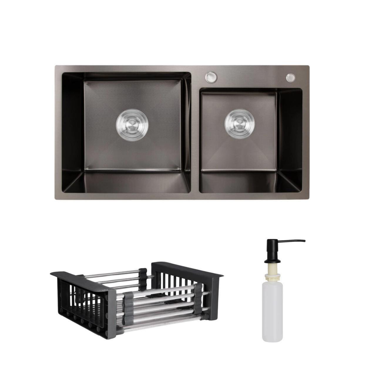 Комплект Lidz Handmade H7843 мойка для кухни с двумя чашами интегрированная с дозатором и Lidz K01B корзина для сушки Black PVD