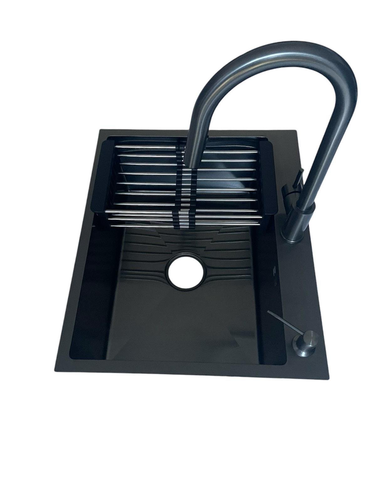 Мойка кухонная Lidz 6050 см и смеситель для кухни с выдвижным изливом Kroner-PVD03915 Черный