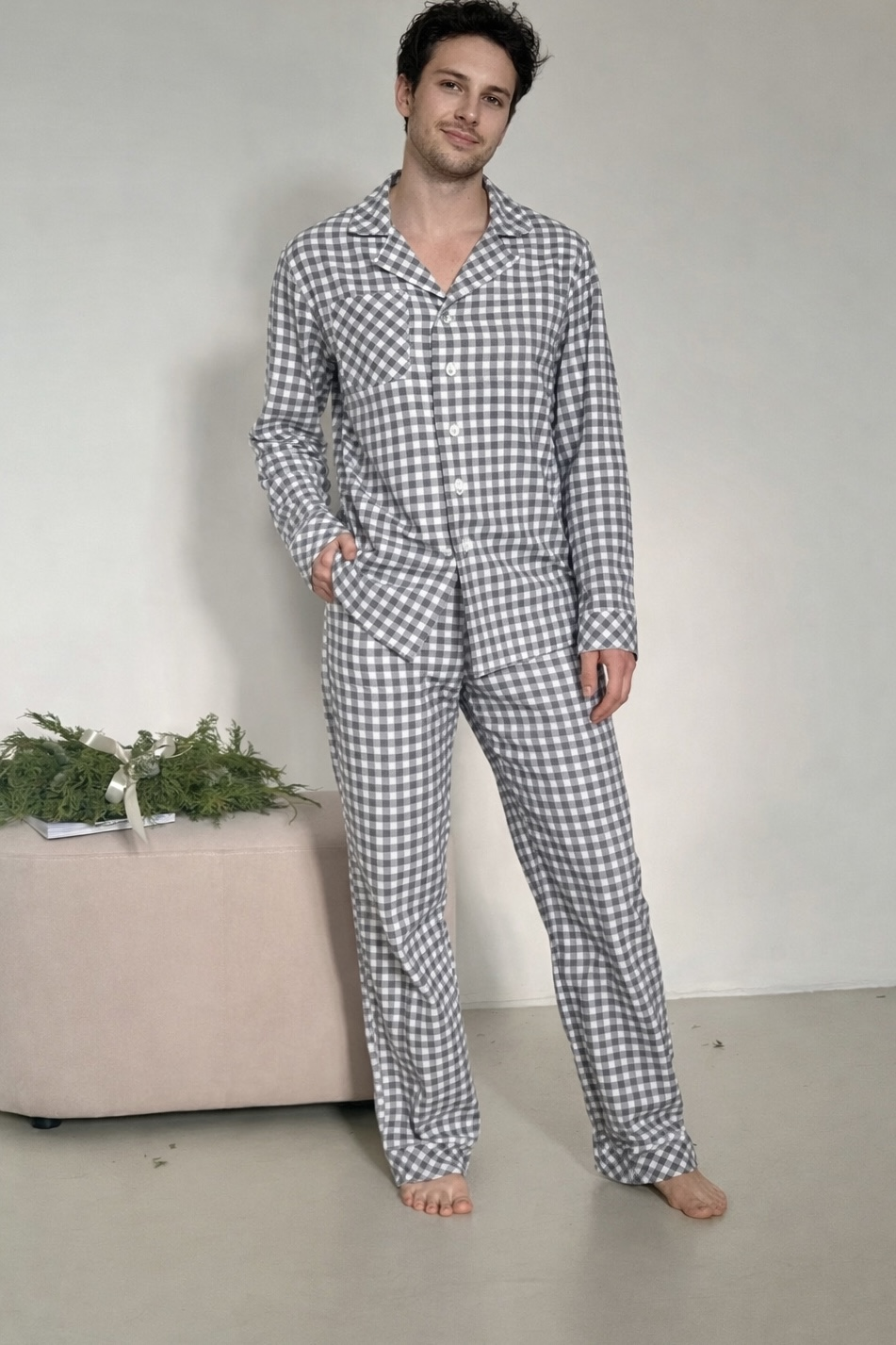 Піжама чоловіча COSY Harmony клітинка штани/сорочка з фланелі 2XL Сіро-білий (CHFGW2827)