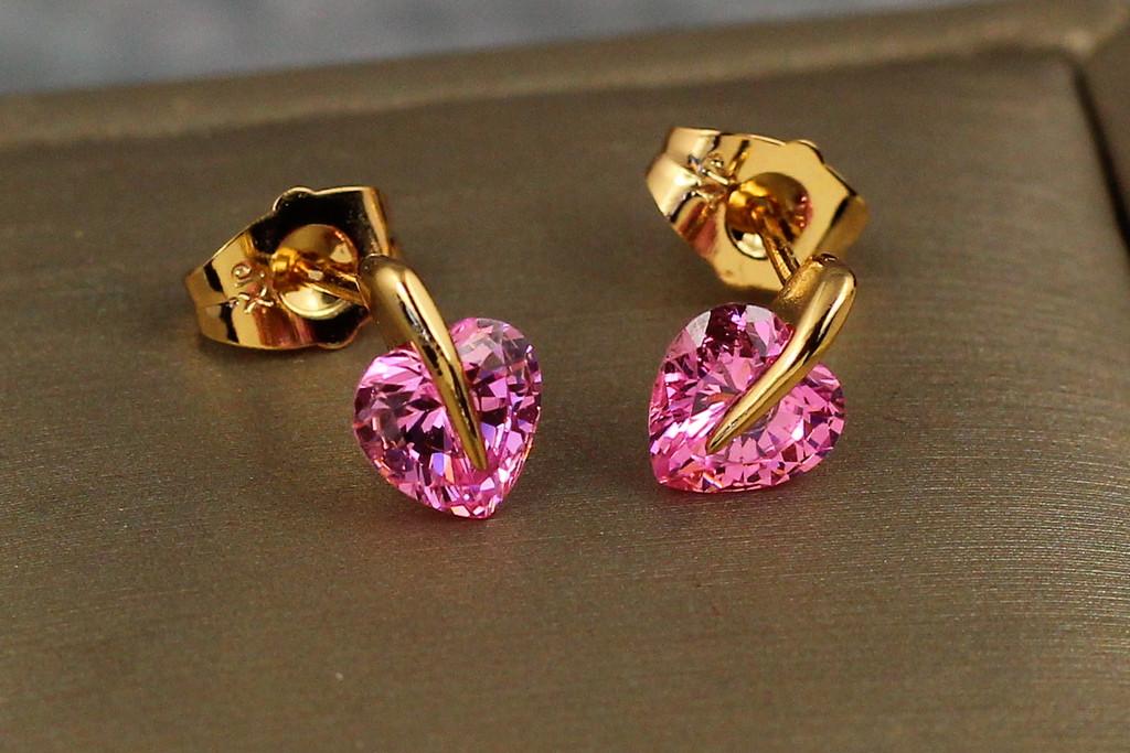 Серьги гвоздики Xuping Jewelry Розовый фианит в форме сердечка 10 мм Золотистый/Розовый