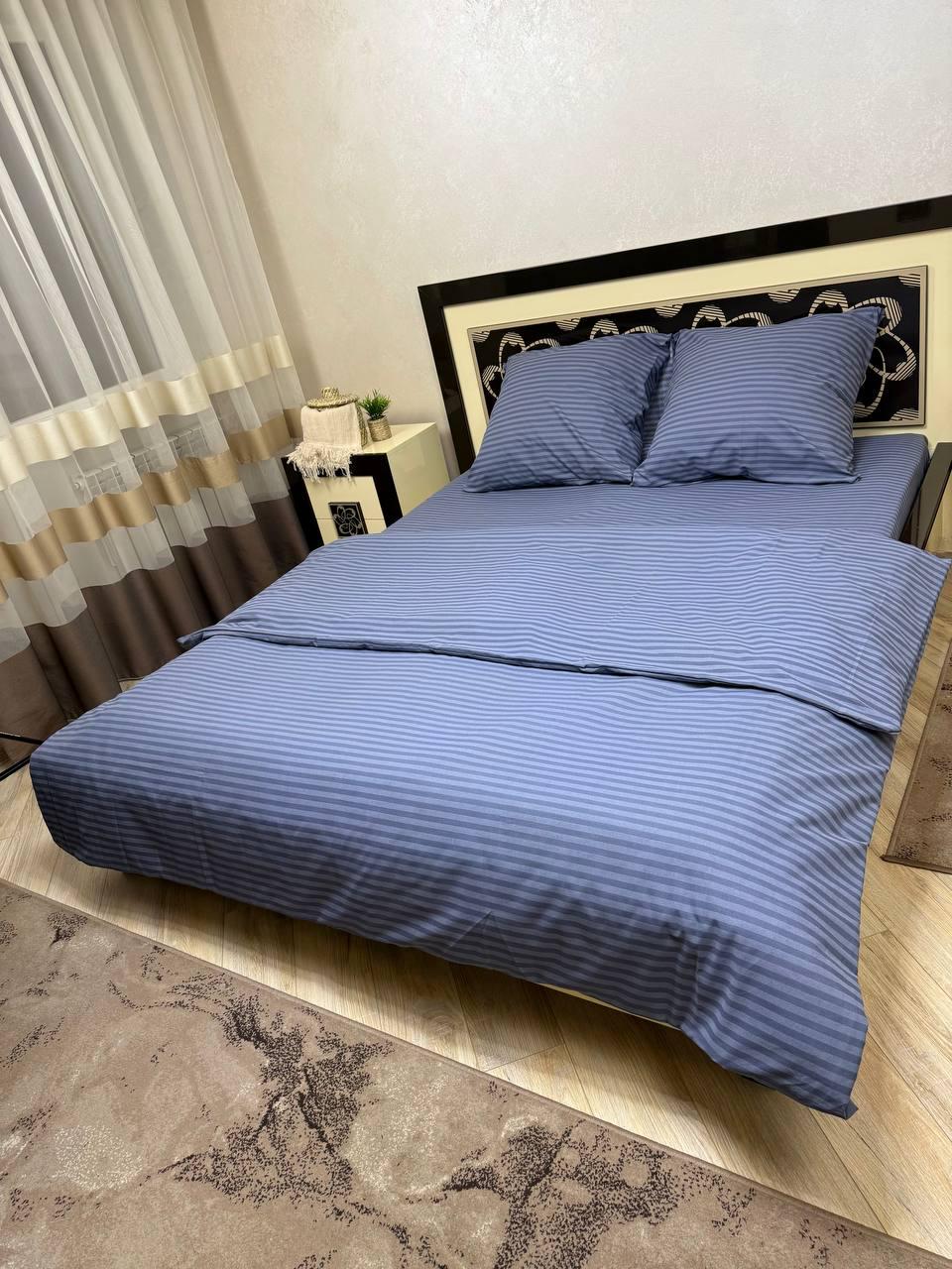 Комплект постільної білизни євро Смужка бавовна 200х220 см Сірий із синім (28834300)