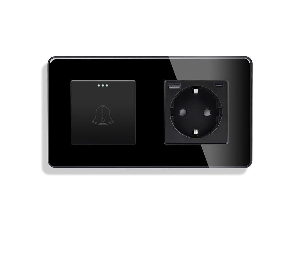 Выключатель с розеткой ELIOS USB A+C 20Вт с заземлением/защитными шторками стекло Черный