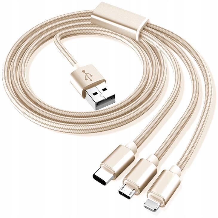 Кабель 3в1 для Iphone/Micro USB/Typ C Золотистий